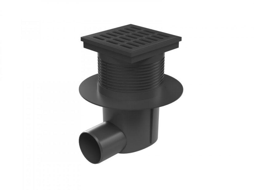 Kanalizační vpusť boční, suchá klapka, plastová mřížka 150x150 - DN: 75, Límec: s límcem (možnost napojení hydroizolace)
