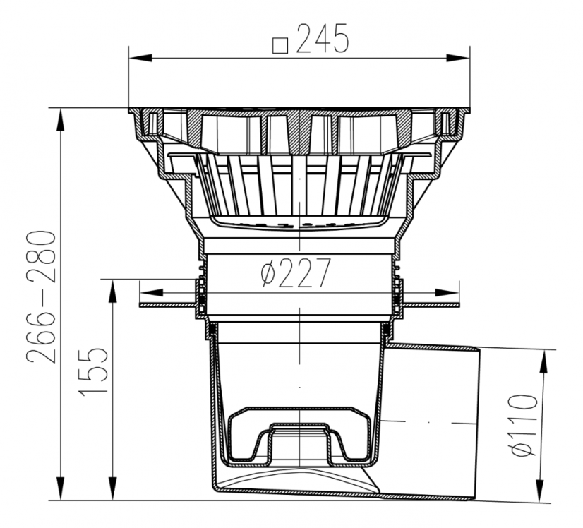 Kanalizační vpusť boční 75-110,  plovák NEPTUN, plastová mřížka 250x250 - DN(ID): 75, Mřížka: Plastová bez šroubů, Límec: s límcem (možnost napojení hydroizolace)