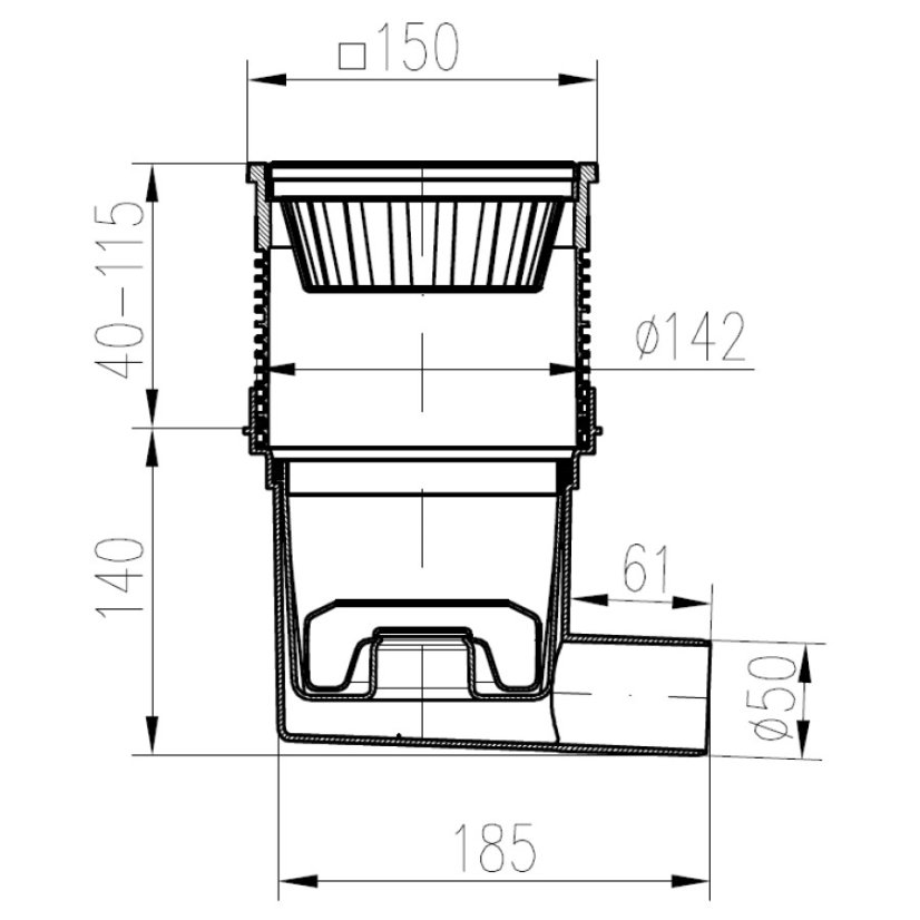 Kanalizační vpusť boční, plovák NEPTUN, litinová mřížka 150x150 - DN(ID): 50, Límec: s límcem (možnost napojení hydroizolace)