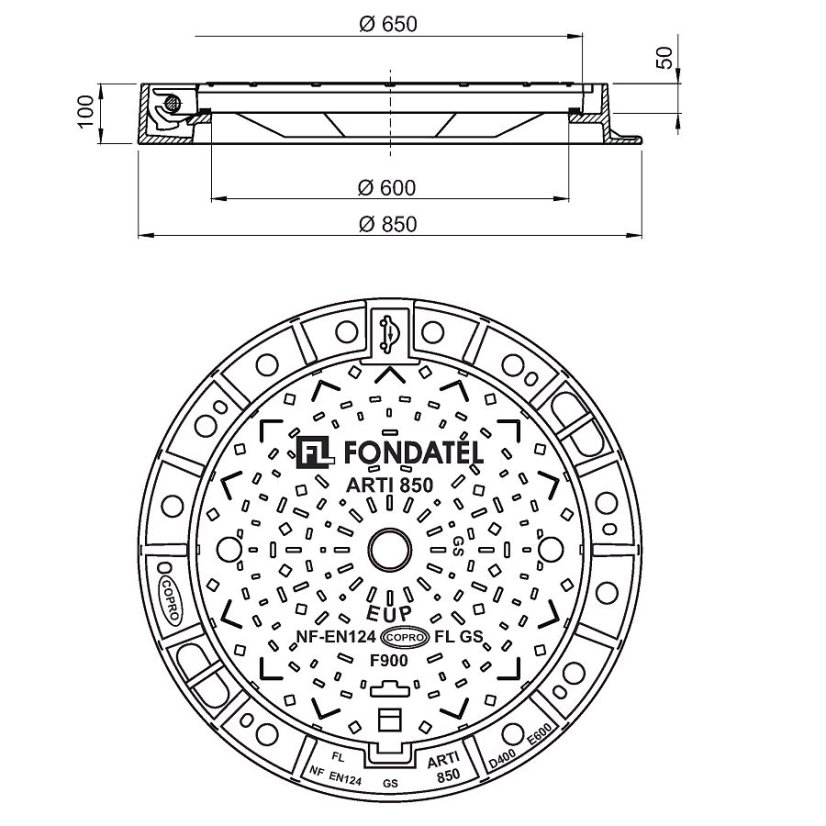 Silniční litinový poklop ARTI R150/60 - E600, s kruhovým rámem - výška rámu 150mm