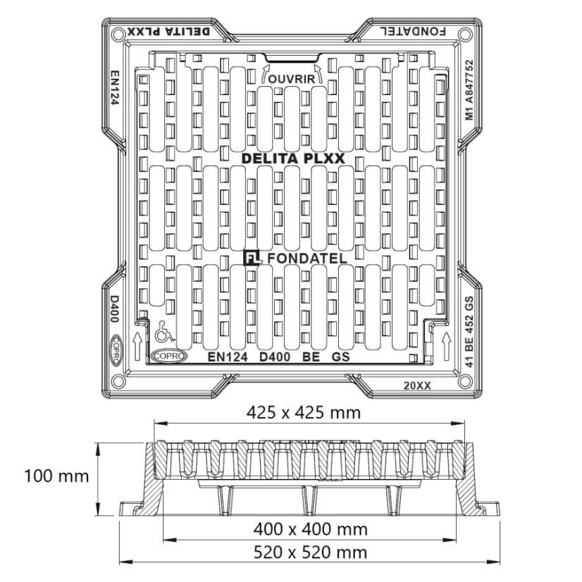 Čtvercová mříž plochá DELITA PL, zatížení D400 - Světlost: 400x400