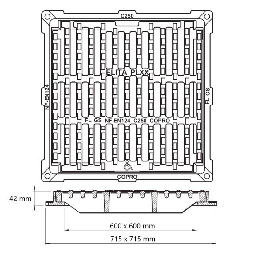 Čtvercová plochá mříž ELITA PL, zatížení C250 - Světlost: 600x600