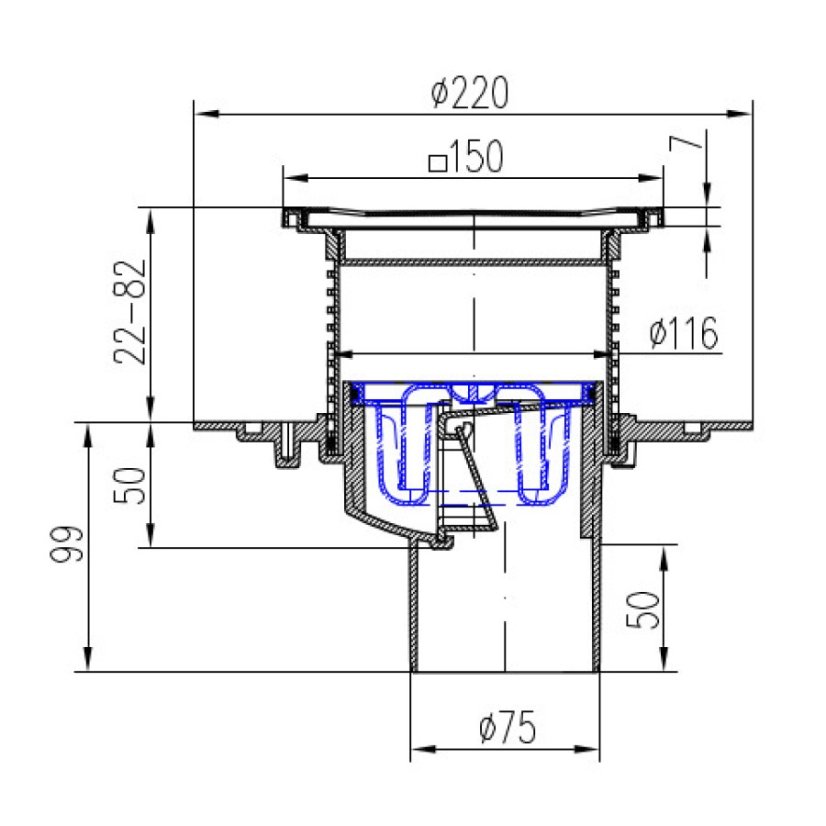 Podlahová vpusť spodní DN75, nerez rámeček, mřížka SUN