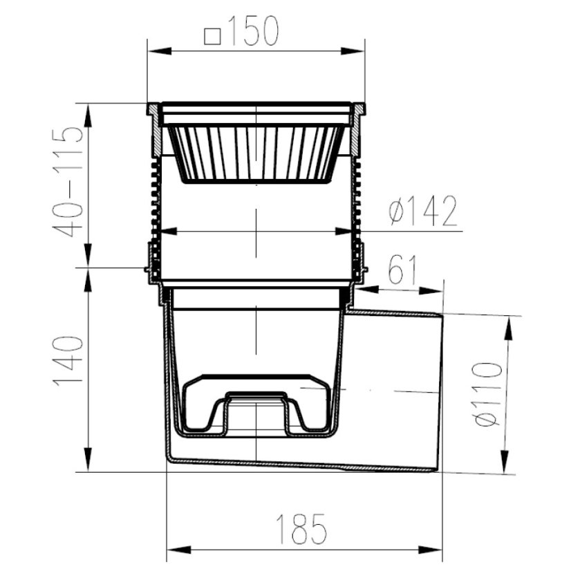 Kanalizační vpusť boční, plovák NEPTUN, litinová mřížka 150x150 - DN(ID): 50, Límec: s límcem (možnost napojení hydroizolace)