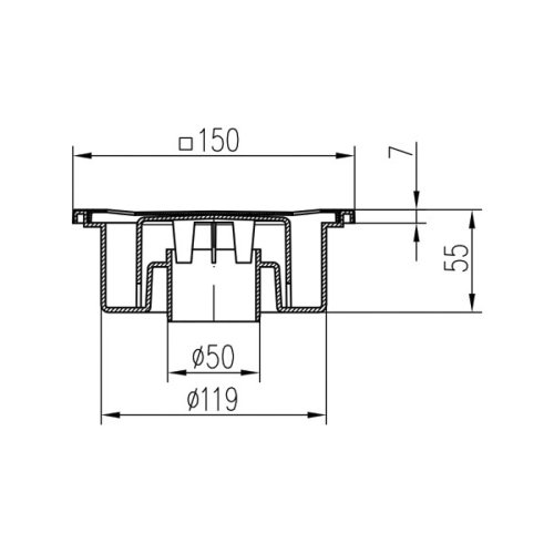 Podlahová vpusť spodní DN50/55, nerezová mřížka