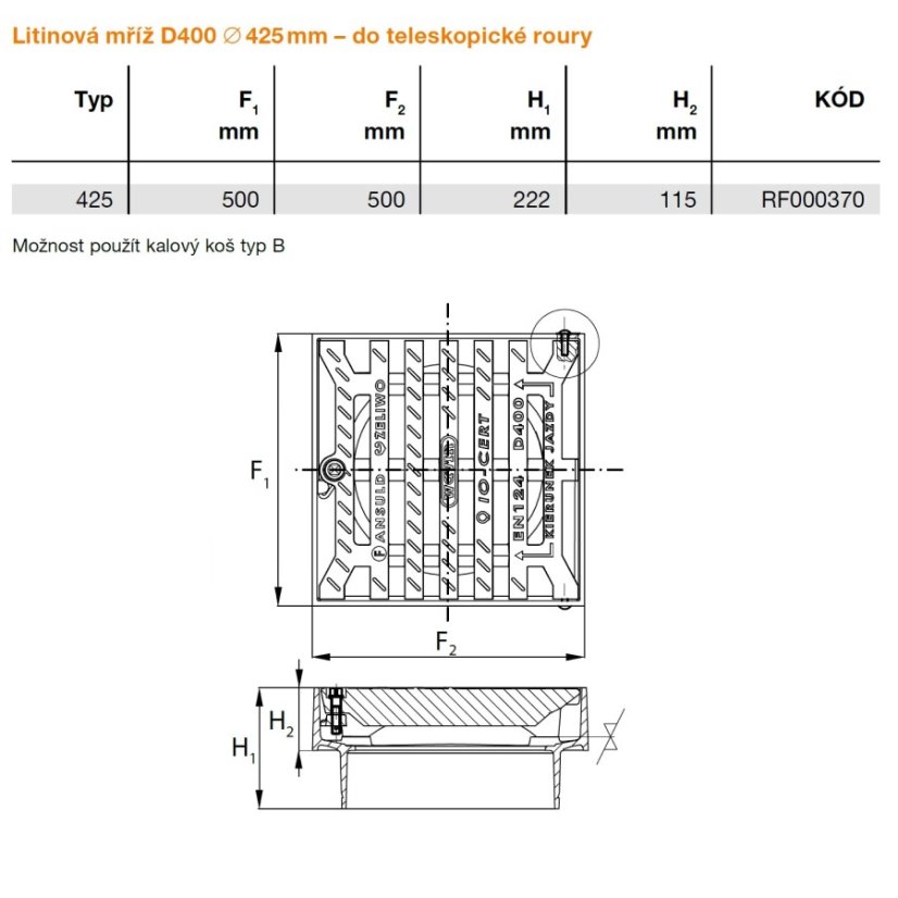 Mříž litinová čtvercová 425, zatížení D400