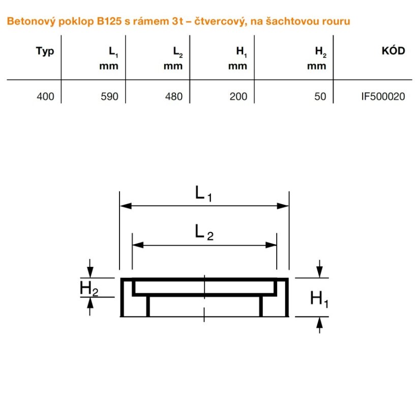 Betonový poklop čtvercový s rámem, na šachtu Ø 400