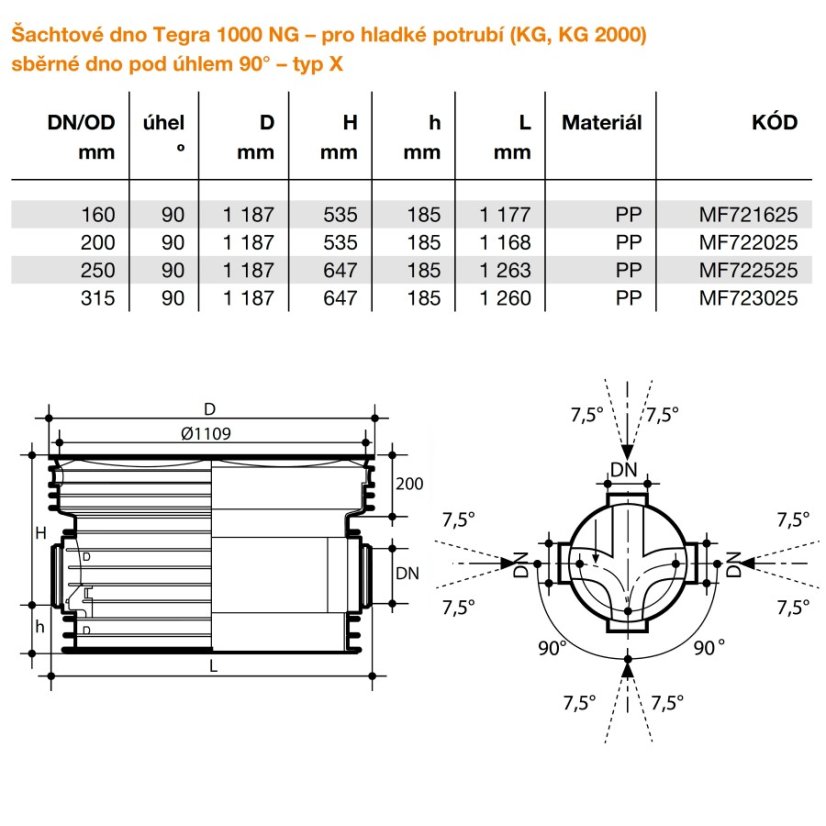 Dno šachtové sběrné pod úhlem 90° Tegra Ø 1000 NG - DN: 200