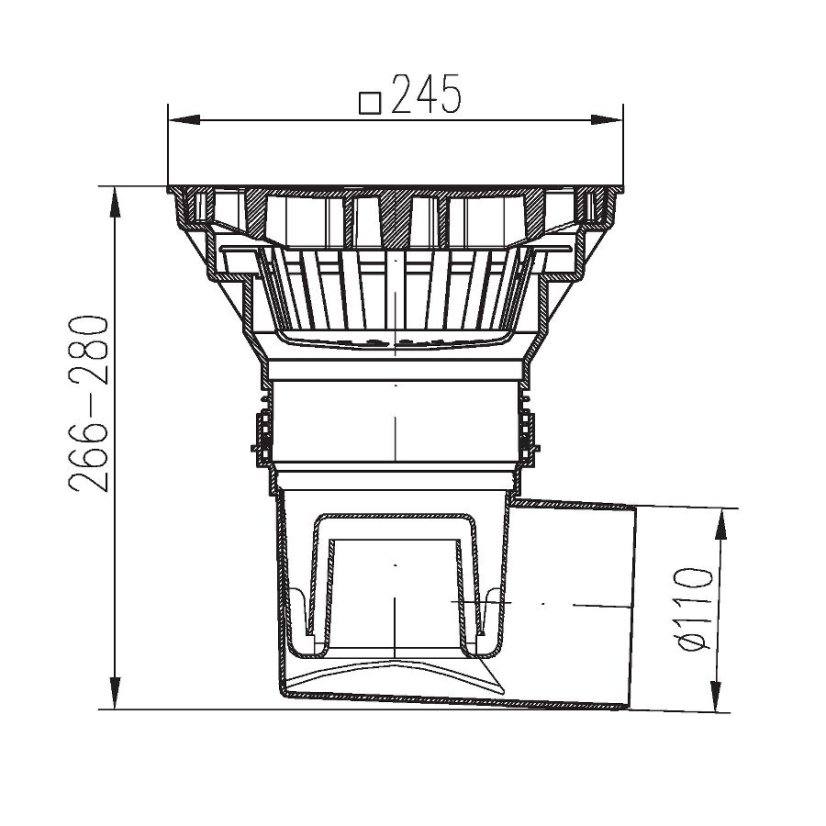 Kanalizační vpusť boční 75-110, vodní hladina, litinová mřížka 250x250 - DN(ID): 75, Mřížka: Litina bez šroubů, Límec: bez límce