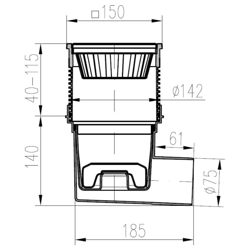 Kanalizační vpusť boční, plovák NEPTUN, litinová mřížka 150x150 - DN(ID): 50, Límec: s límcem (možnost napojení hydroizolace)