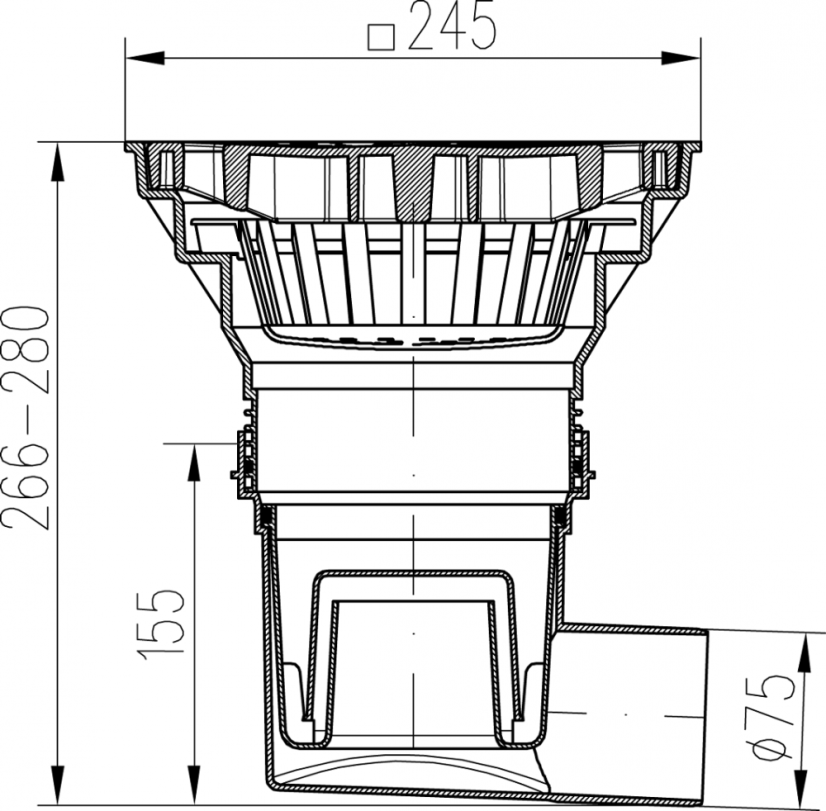Kanalizační vpusť boční 75-110, vodní hladina, litinová mřížka 250x250 - DN(ID): 75, Mřížka: Litina bez šroubů, Límec: bez límce