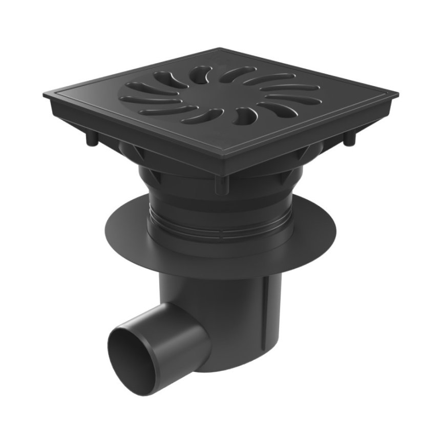 Kanalizační vpusť boční 75-110, suchá klapka, plastová mřížka 250x250 - DN(ID): 75, Mřížka: Plastová bez šroubů, Límec: s límcem (možnost napojení hydroizolace)