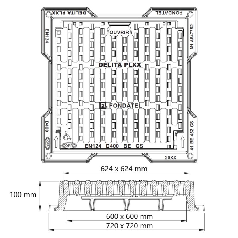 Čtvercová mříž plochá DELITA PL, zatížení D400 - Světlost: 600x600