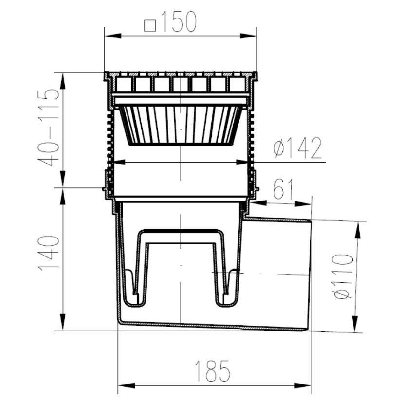 Kanalizační vpusť boční, vodní hladina, plastová mřížka 150x150 - Límec: bez límce, DN(ID): 110