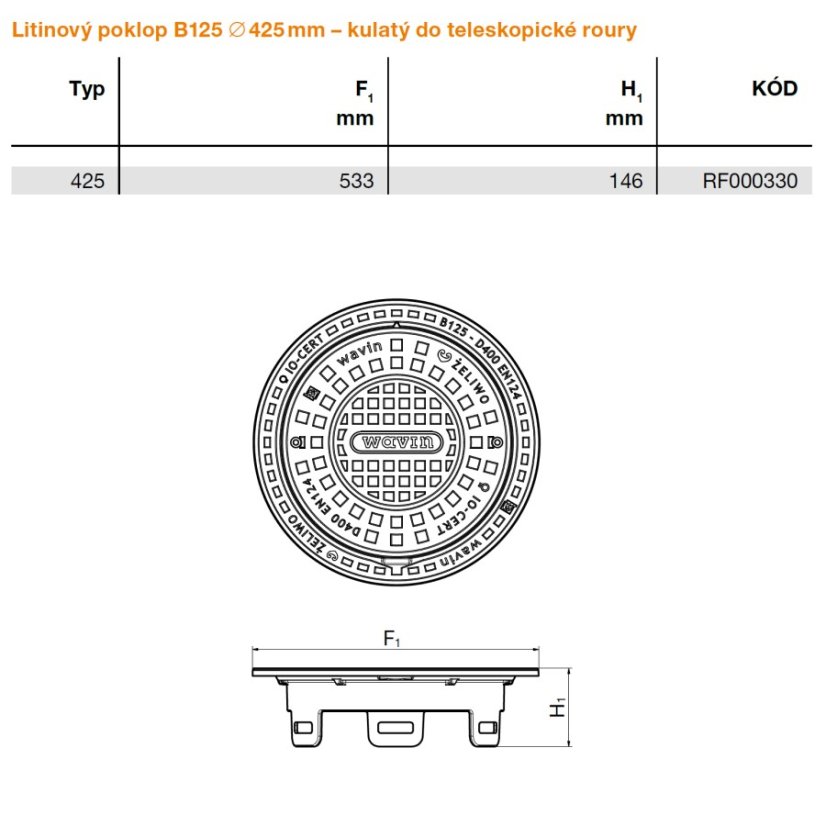 Poklop litinový Ø 425, zatížení B125