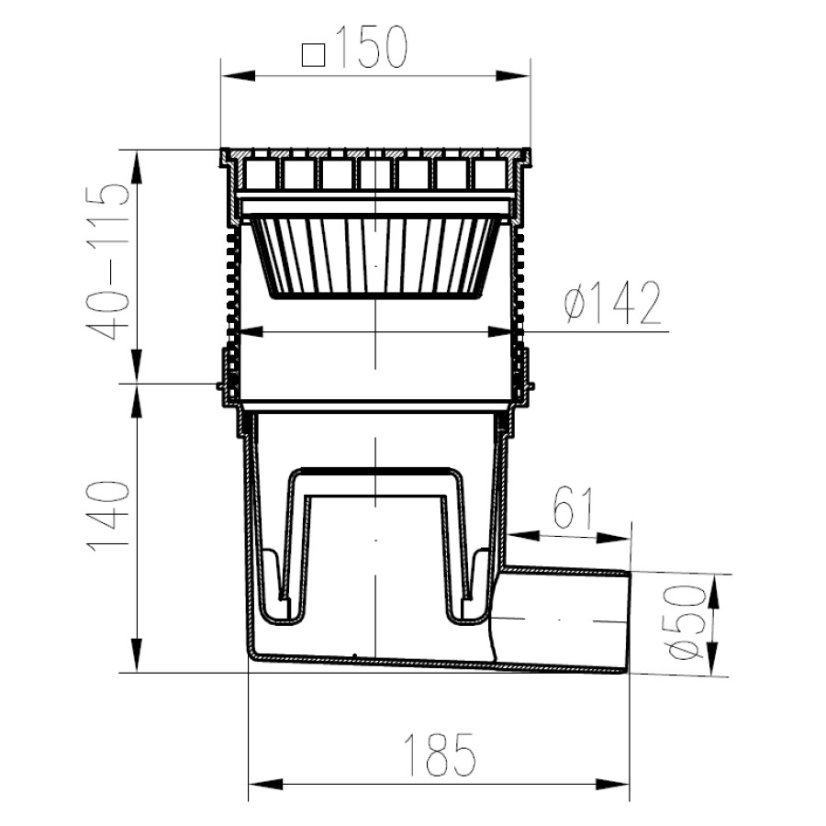 Kanalizační vpusť boční, vodní hladina, plastová mřížka 150x150 - Límec: bez límce, DN(ID): 110