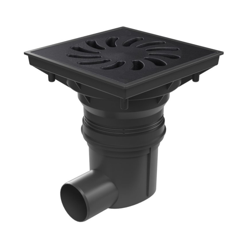 Kanalizační vpusť boční 75-110, vodní hladina, litinová mřížka 250x250 - DN(ID): 75, Mřížka: Litina bez šroubů, Límec: bez límce