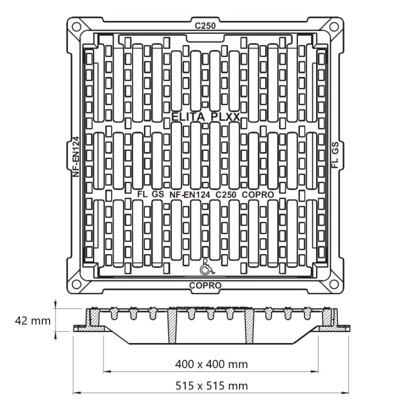 Čtvercová plochá mříž ELITA PL, zatížení C250 - Světlost: 400x400