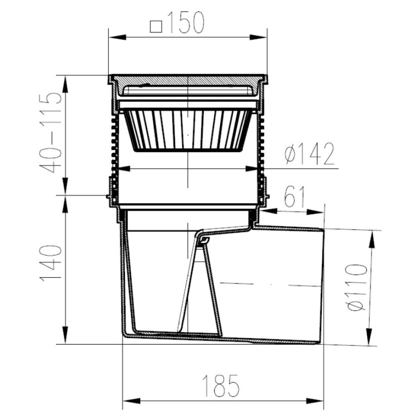 Kanalizační vpusť boční, suchá klapka, plastová mřížka 150x150 - DN: 75, Límec: s límcem (možnost napojení hydroizolace)