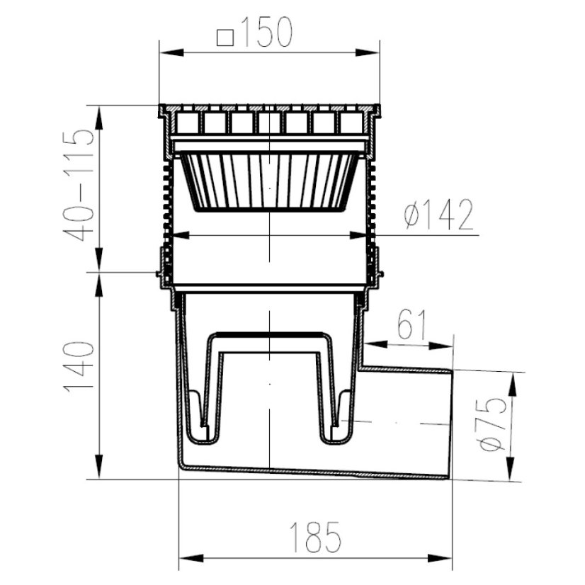 Kanalizační vpusť boční, vodní hladina, plastová mřížka 150x150 - Límec: bez límce, DN(ID): 110