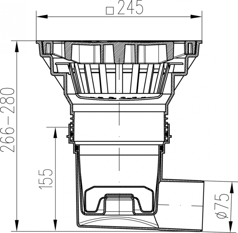 Kanalizační vpusť boční 75-110,  plovák NEPTUN, plastová mřížka 250x250 - DN(ID): 75, Mřížka: Plastová bez šroubů, Límec: s límcem (možnost napojení hydroizolace)