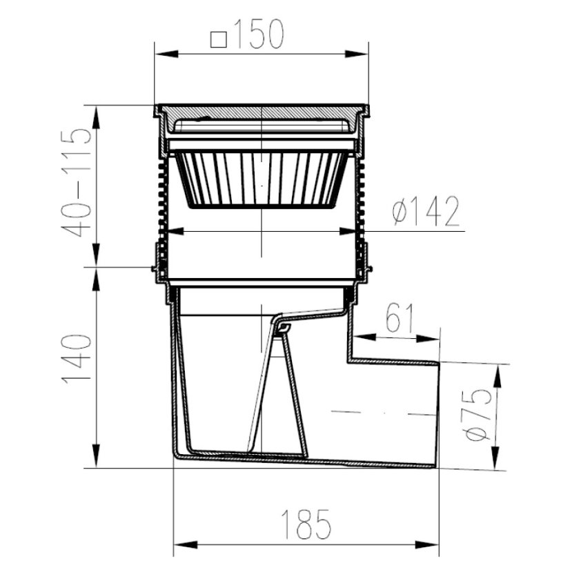 Kanalizační vpusť boční, suchá klapka, plastová mřížka 150x150 - DN: 75, Límec: s límcem (možnost napojení hydroizolace)