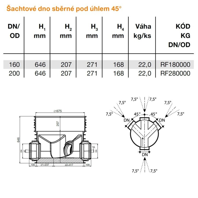 Dno šachtové sběrné 45° - Tegra Ø 600 LC - DN: 200