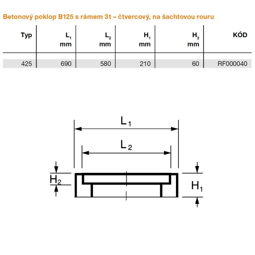 Betonový poklop čtvercový s rámem, na šachtu Ø 425