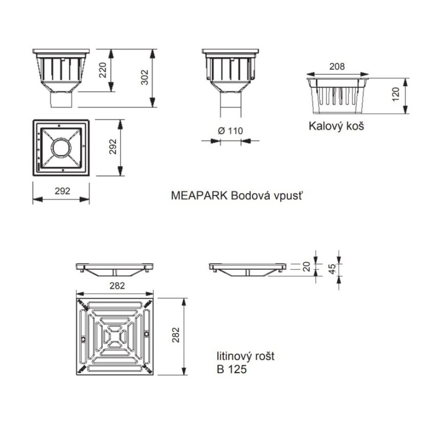 MEA PARK - bodová dvorní vpusť svislá DN110, B125